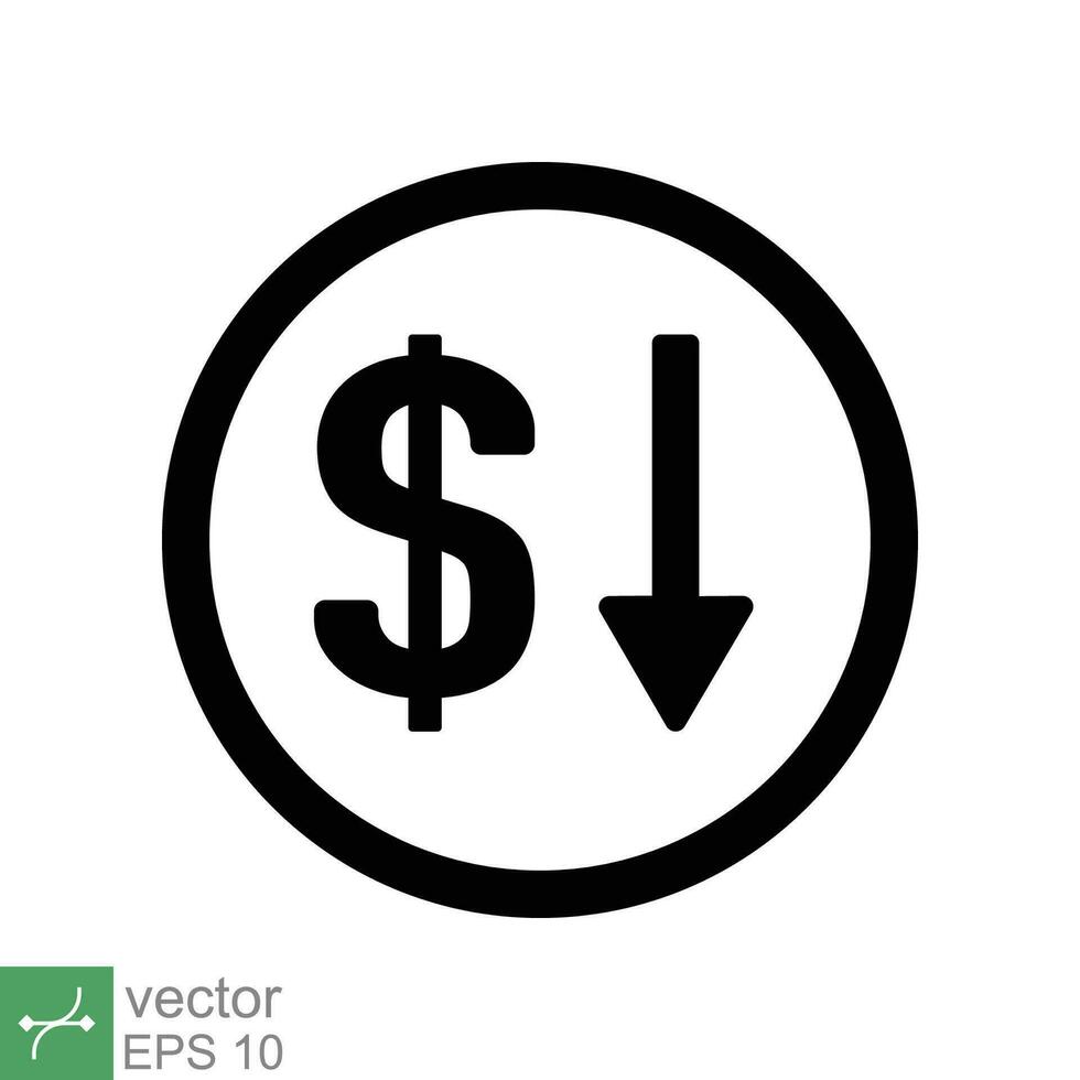 costo reducción icono. sencillo sólido estilo. dólar bajo, abajo, dinero con flecha, finanzas, inversión, negocio concepto diseño. glifo vector ilustración aislado en blanco antecedentes. eps 10