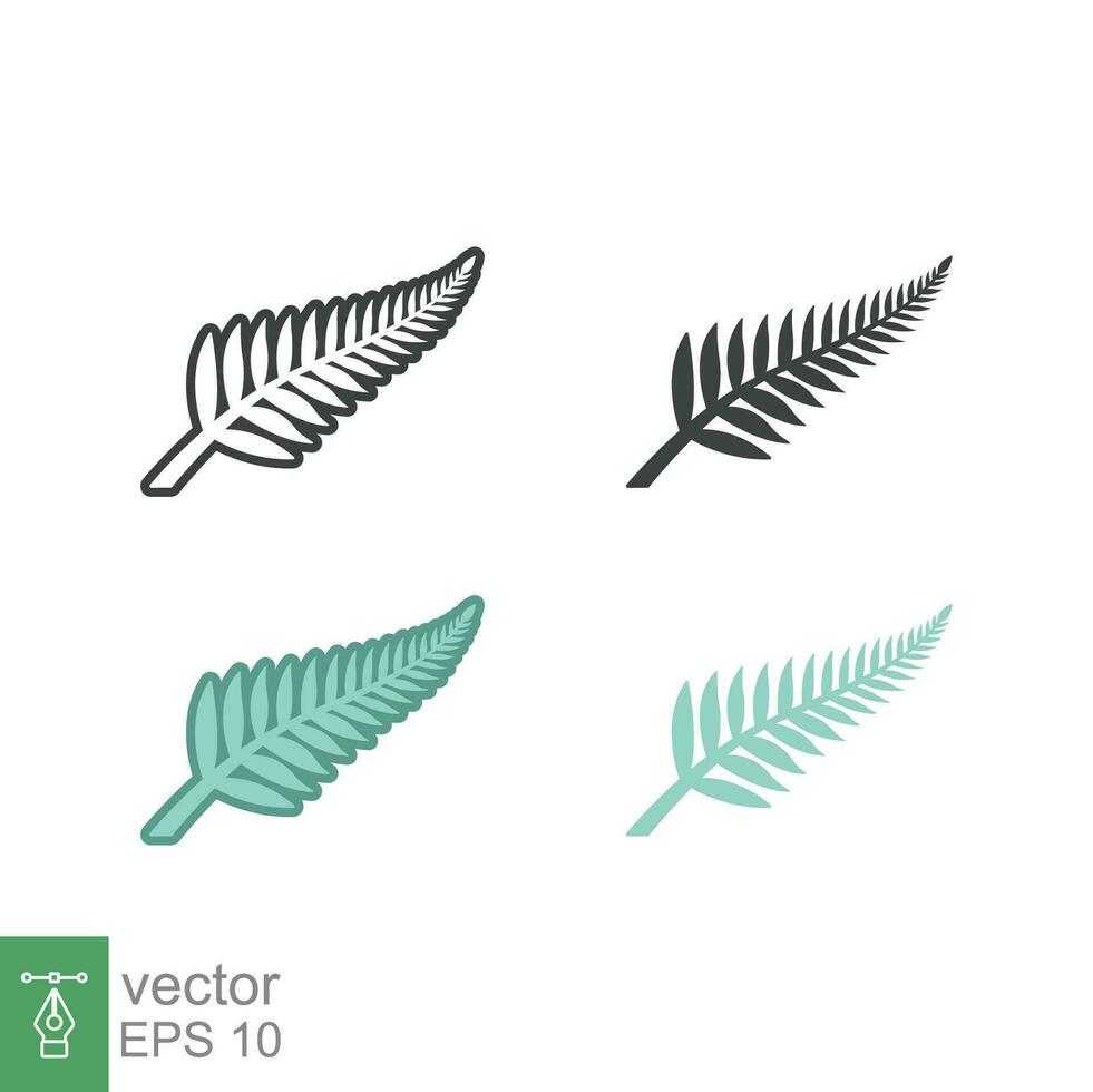 Fern icon in different style. Color, outline, solid. Leaf, logo, nz, kiwi, maori, silhouette, bird, sign, new zealand symbol concept design. Vector illustration isolated on white background. EPS 10