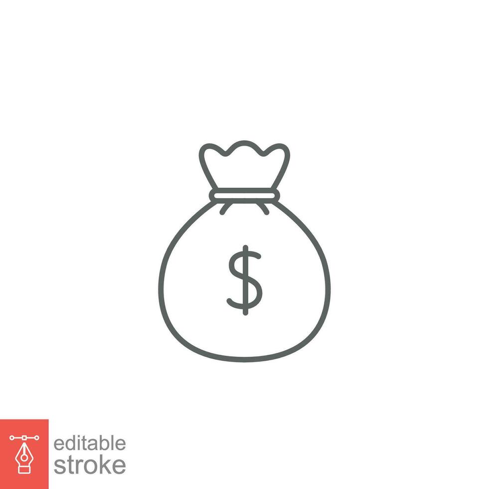 Money bag line icon. Simple outline design style. Dollar, moneybag, cash, million, sack concept. Vector illustration isolated on White background. Editable stroke Eps 10.