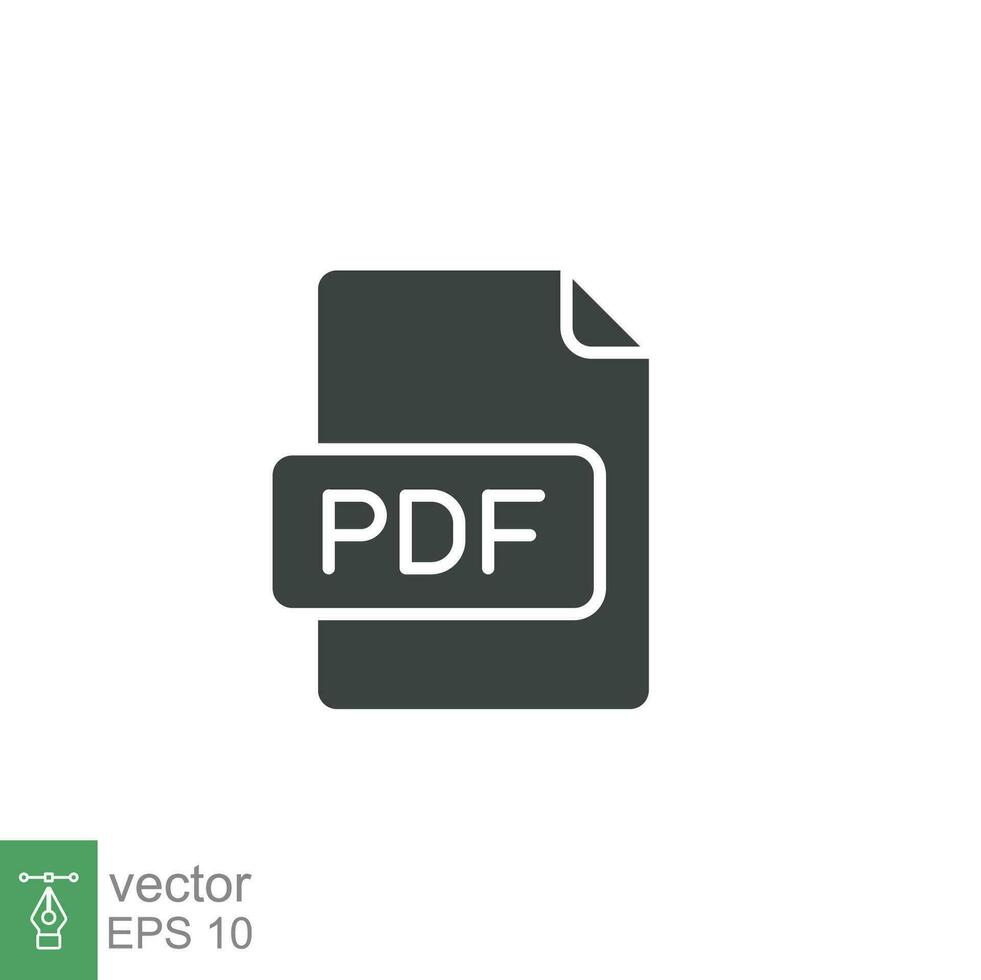 Pdf glyph icon. Simple solid design style. File, format, download, symbol, banner, button, sign concept. Vector illustration isolated on white background. Eps 10.