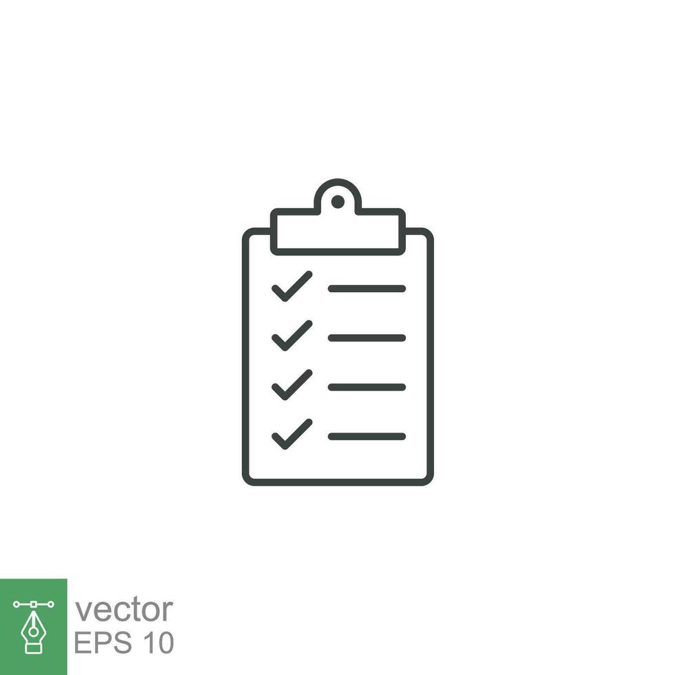 Checklist clipboard line icon. Simple outline style. Quality, check, tick, list, service, data, document, clinic, good, survey concept. Vector illustration isolated on white background. EPS 10