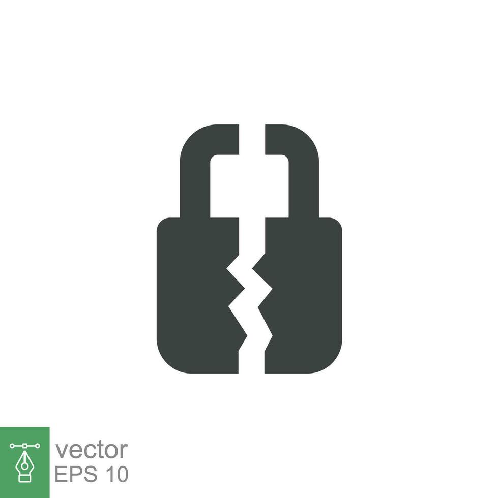 Broken lock glyph icon. Simple solid style. Unlock, crack, padlock, break, free, chain, code, security, fail, technology concept. Vector design illustration isolated on white background. EPS 10