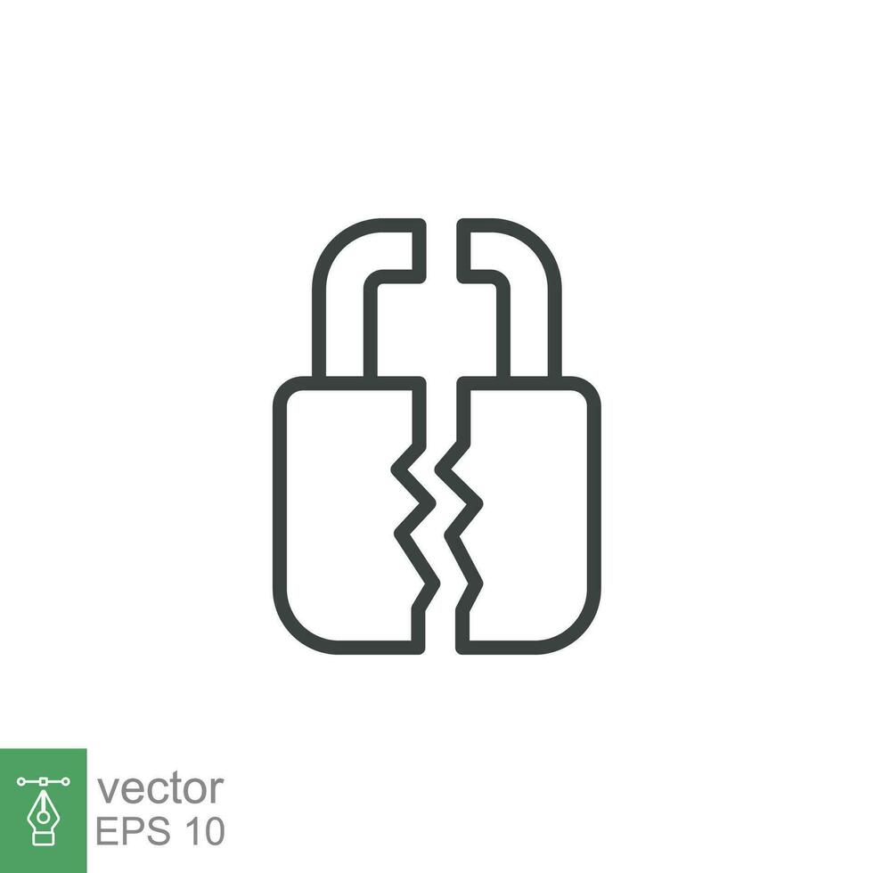 Broken lock line icon. Simple outline style. Unlock, crack, padlock, break, free, chain, code, security, fail, technology concept. Vector design illustration isolated on white background. EPS 10