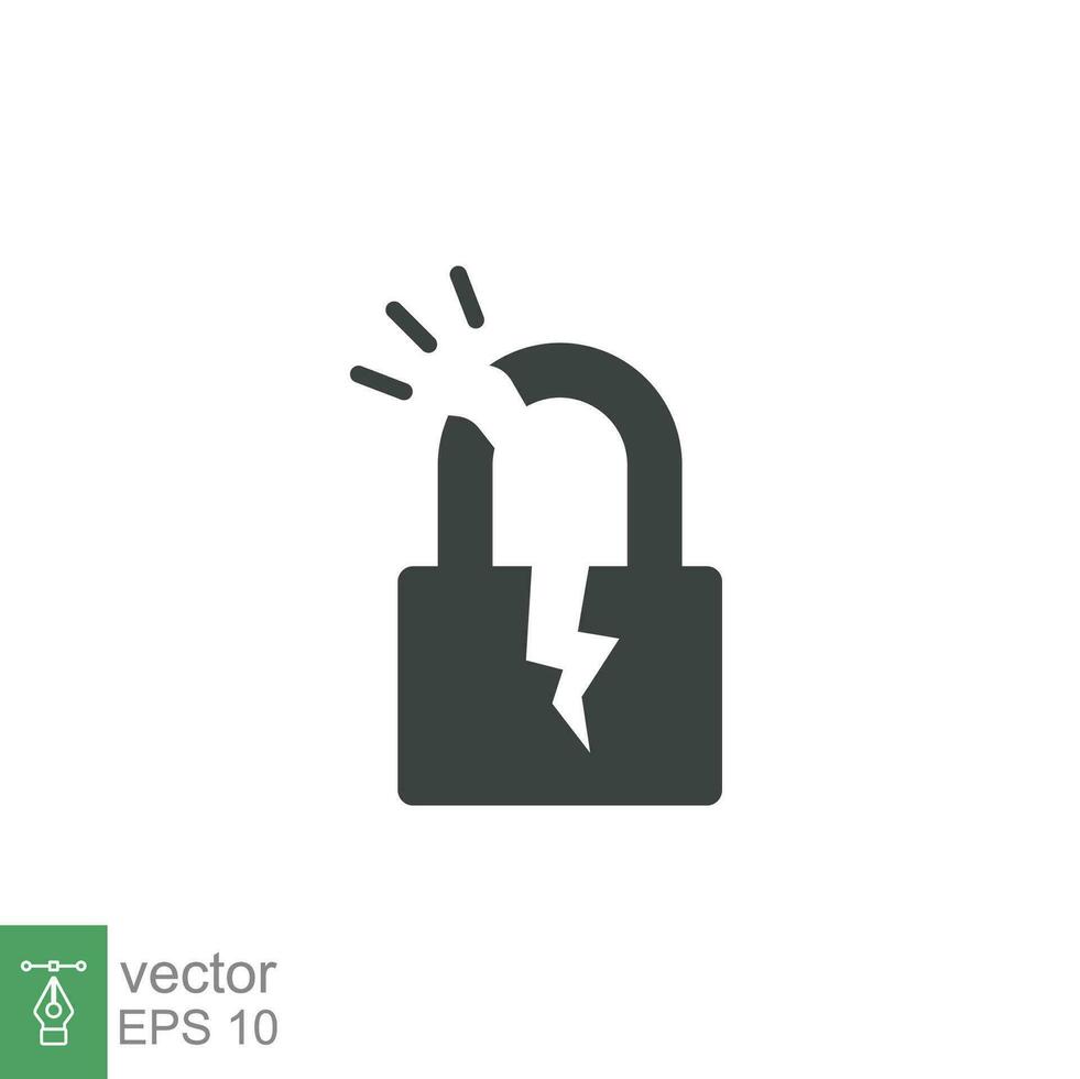 Broken lock glyph icon. Simple solid style. Unlock, crack, padlock, break, free, chain, code, security, fail, technology concept. Vector design illustration isolated on white background. EPS 10