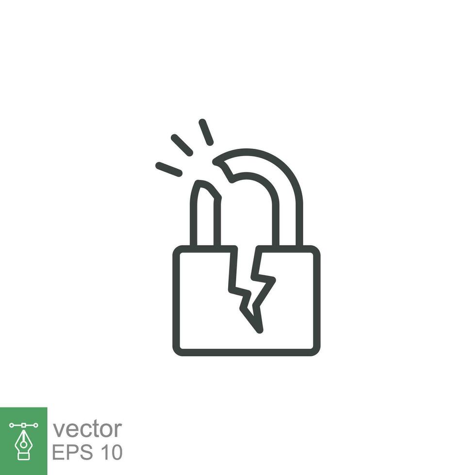 Broken lock line icon. Simple outline style. Unlock, crack, padlock, break, free, chain, code, security, fail, technology concept. Vector design illustration isolated on white background. EPS 10