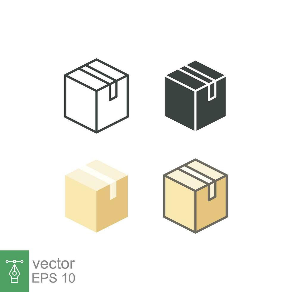 Box icon. Simple outline, solid, flat style. Package, delivery, parcel, shipping, cardboard, storage, carton, closed, pictogram, pack concept. Vector illustration isolated on white background. EPS 10