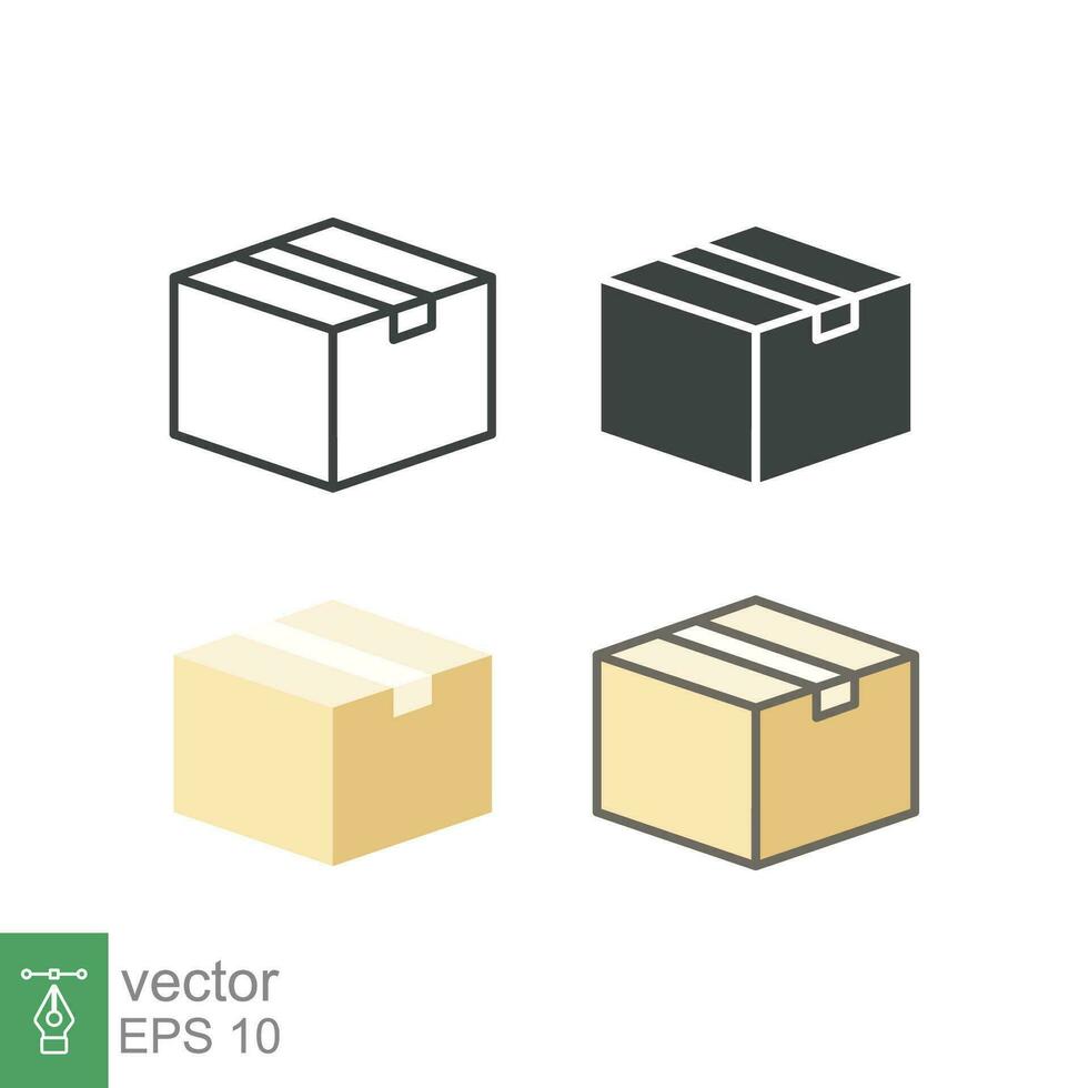Box icon. Simple outline, solid, flat style. Package, delivery, parcel, shipping, cardboard, storage, carton, closed, pictogram, pack concept. Vector illustration isolated on white background. EPS 10