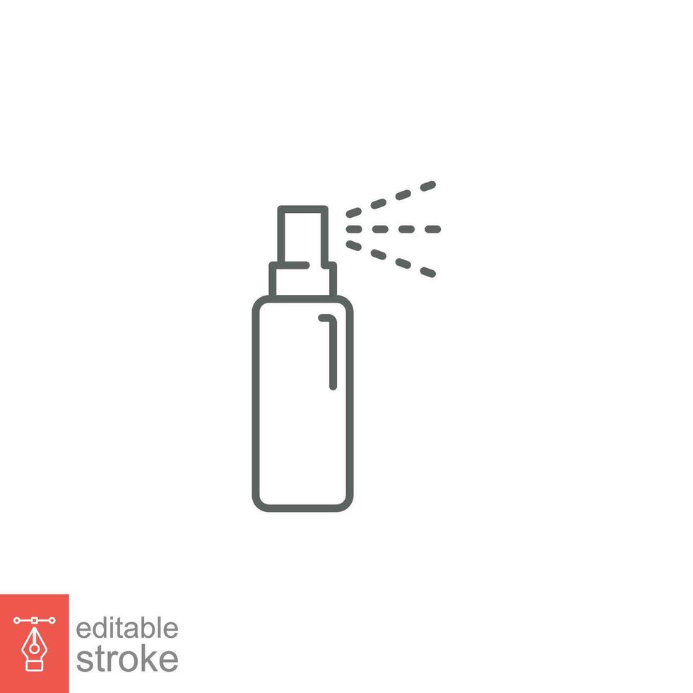 Bottle spray icon. Simple outline style. Deodorant, pump, antiseptic plastic packaging, liquid, clean, beauty care concept. Vector illustration isolated on white background. Editable stroke EPS 10