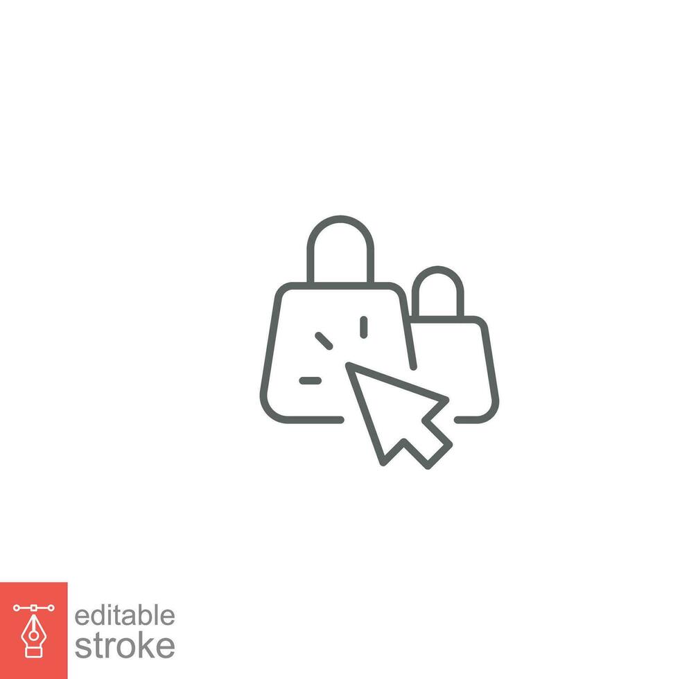 Click collect order line icon. Simple outline style. Delivery, gift, package, bag, pick, hand, pointer, e-commerce concept. Vector illustration isolated on white background. Editable stroke EPS 10