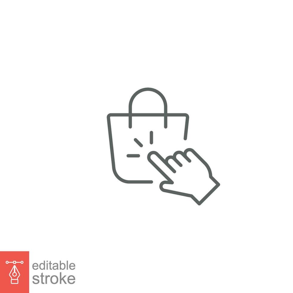 Click collect order line icon. Simple outline style. Delivery, gift, package, bag, pick, hand, pointer, e-commerce concept. Vector illustration isolated on white background. Editable stroke EPS 10