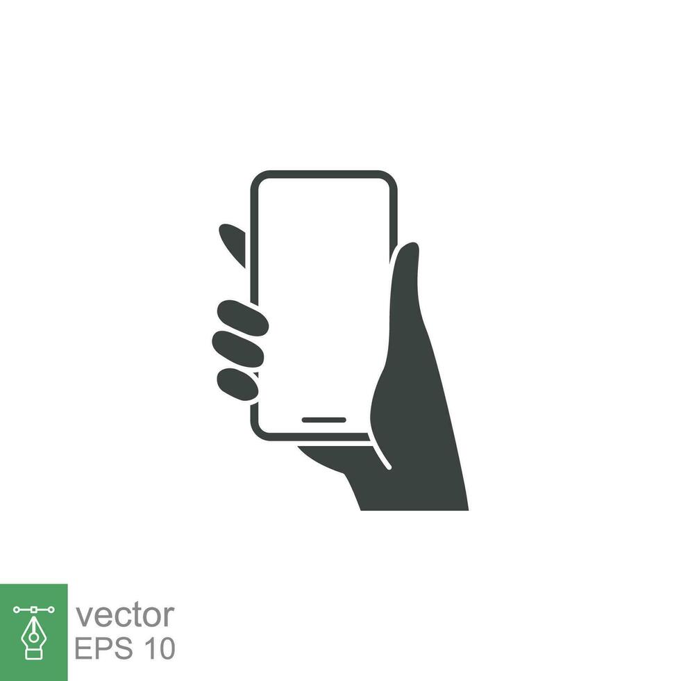 Hand holding phone icon. Simple solid style. Smartphone, cellphone, telephone, call, cellular, touch, web, internet concept. Vector illustration isolated on white background. EPS 10