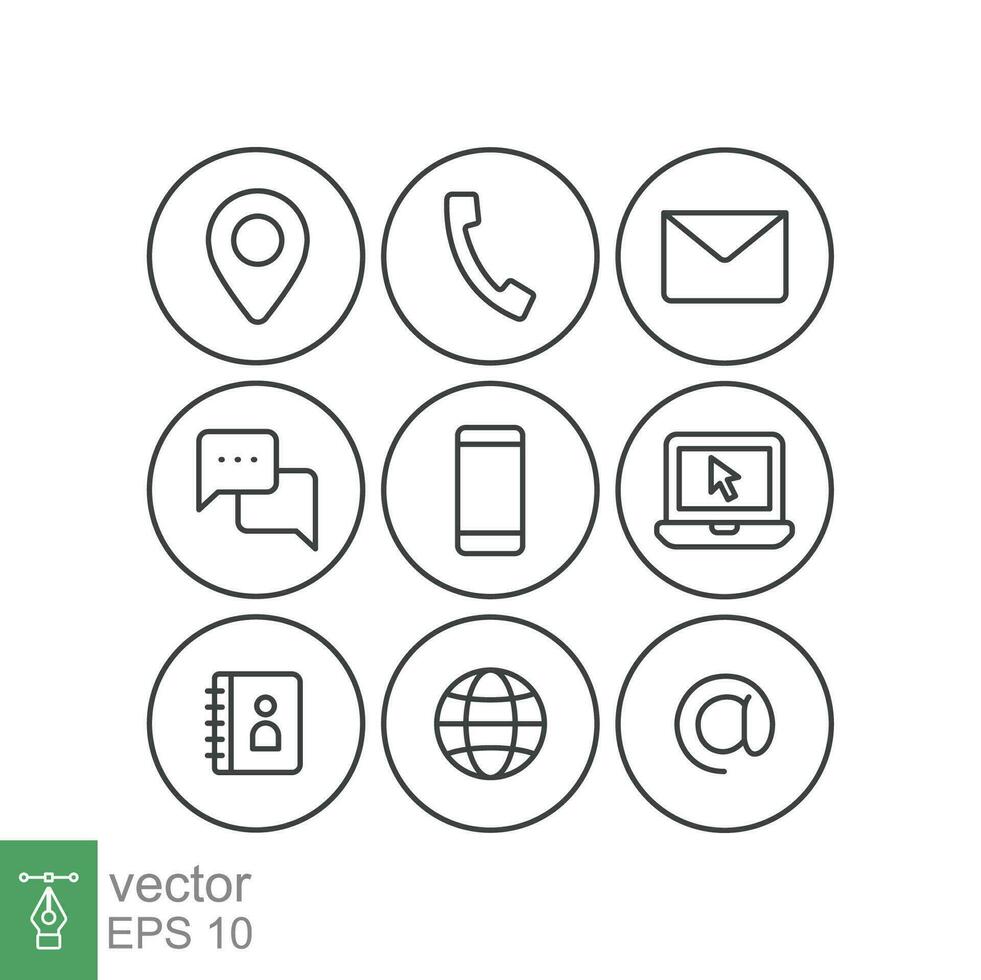 Contact us icons set. Simple outline style symbol. Email, phone, web, address, internet, call, message, business communication concept. Vector illustration design isolated on white background. EPS 10