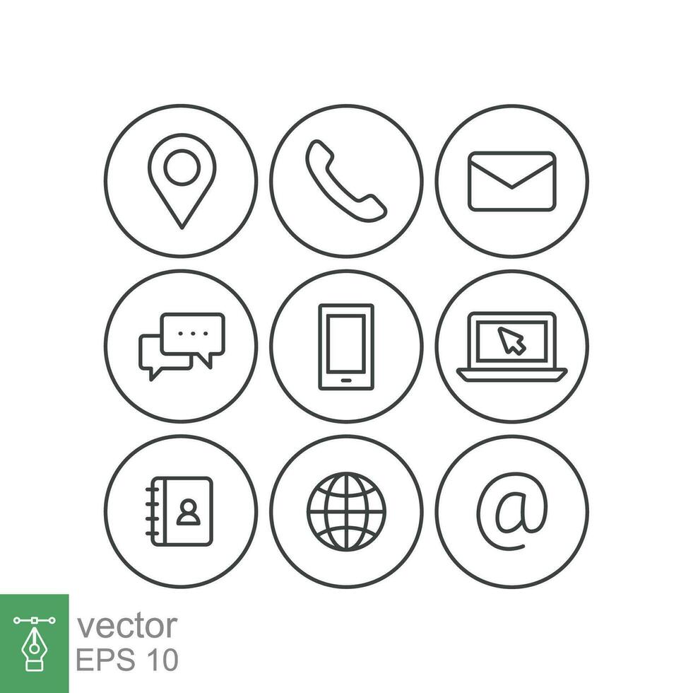 Contact us icons set. Simple outline style symbol. Email, phone, web, address, internet, call, message, business communication concept. Vector illustration design isolated on white background. EPS 10
