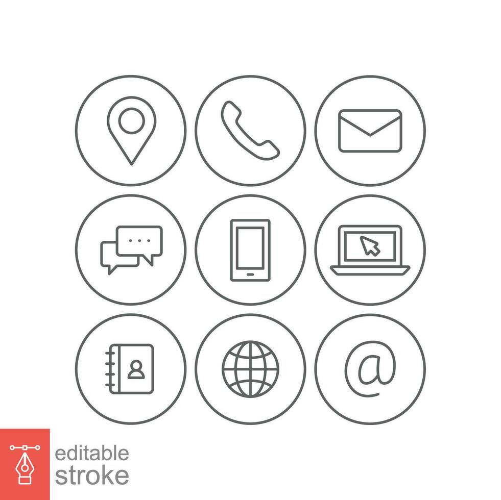 Contact us icons set. Simple outline style symbol. Email, phone, web, address, internet, call, message, business communication concept. Vector illustration design isolated. Editable stroke EPS 10