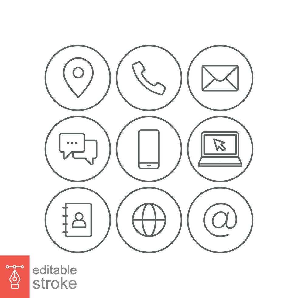 Contact us icons set. Simple outline style symbol. Email, phone, web, address, internet, call, message, business communication concept. Vector illustration design isolated. Editable stroke EPS 10