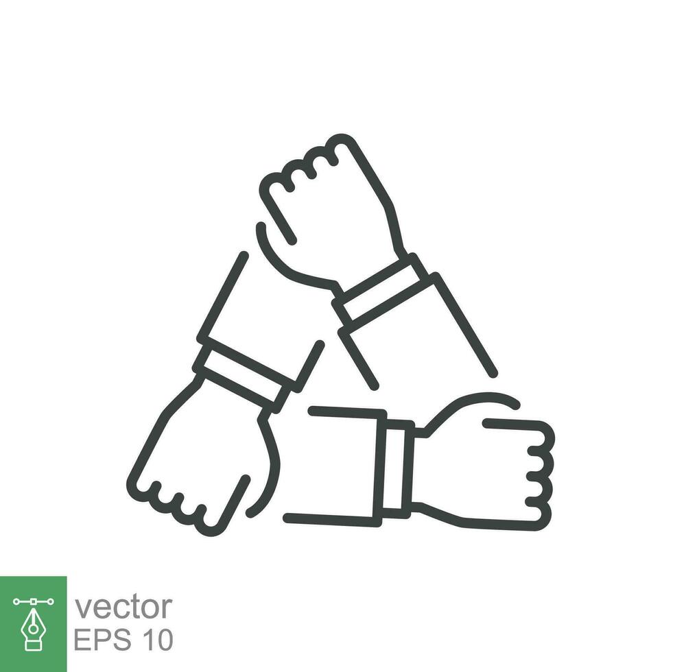 Three hands support each other line icon. Simple outline style. Team, hand, work together, partnership, group, help, concept of teamwork. Vector illustration design isolated on white background EPS 10