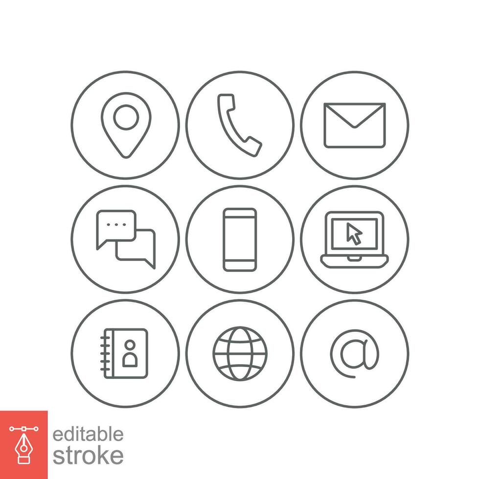 Contact us icons set. Simple outline style symbol. Email, phone, web, address, internet, call, message, business communication concept. Vector illustration design isolated. Editable stroke EPS 10