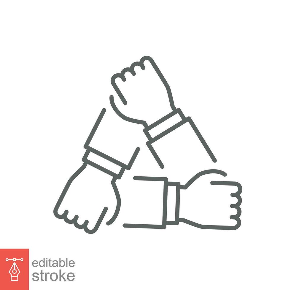 Three hands support each other line icon. Simple outline style. Team, hand, work together, partnership, group, help, concept of teamwork. Vector illustration design isolated. Editable stroke EPS 10