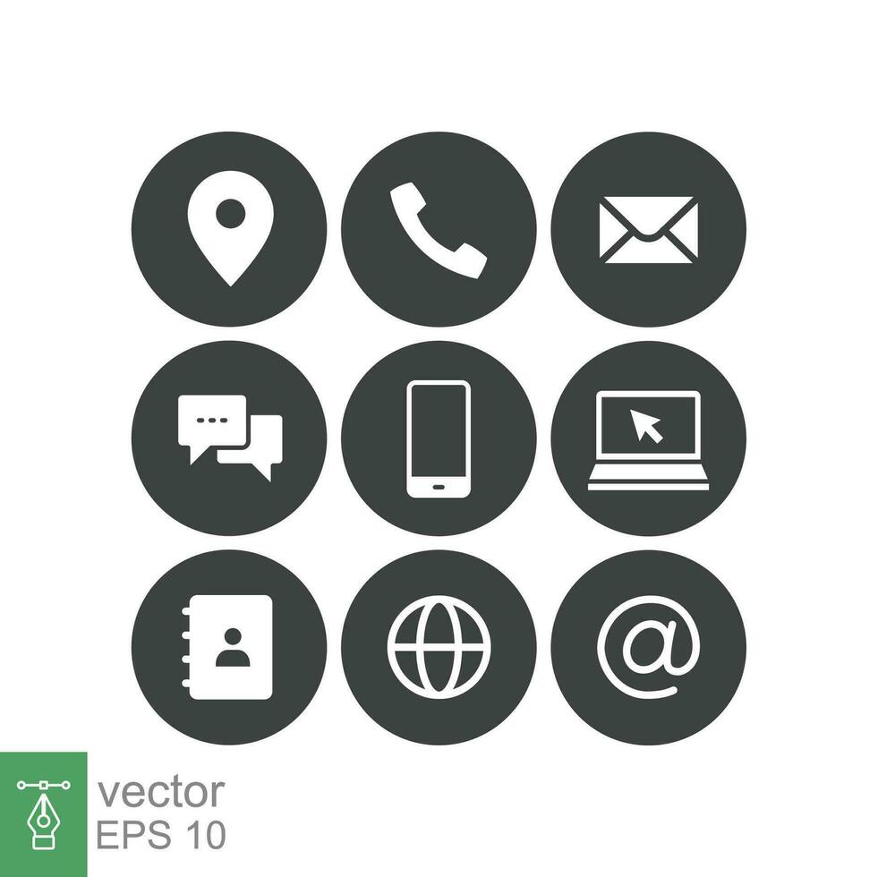 Contact us icons set. Simple solid style symbol. Email, phone, mail, web, address, internet, call, online, pictogram, message, business communication concept Vector illustration design isolated EPS 10