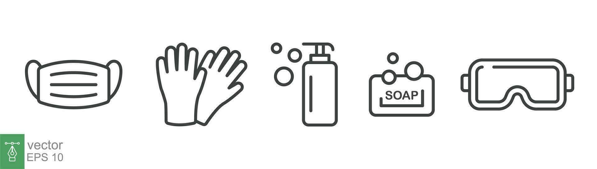 Personal protection equipment icons. Medical mask, latex gloves, soap, dispenser, protective glasses, Coronavirus, covid 19 prevention items. Line, outline symbols isolated. Vector illustration EPS 10