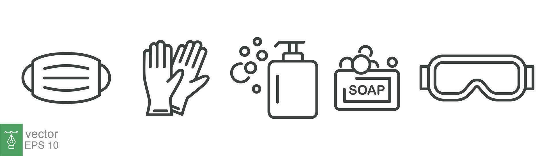 Personal protection equipment icons. Medical mask, latex gloves, soap, dispenser, protective glasses, Coronavirus, covid 19 prevention items. Line, outline symbols isolated. Vector illustration EPS 10