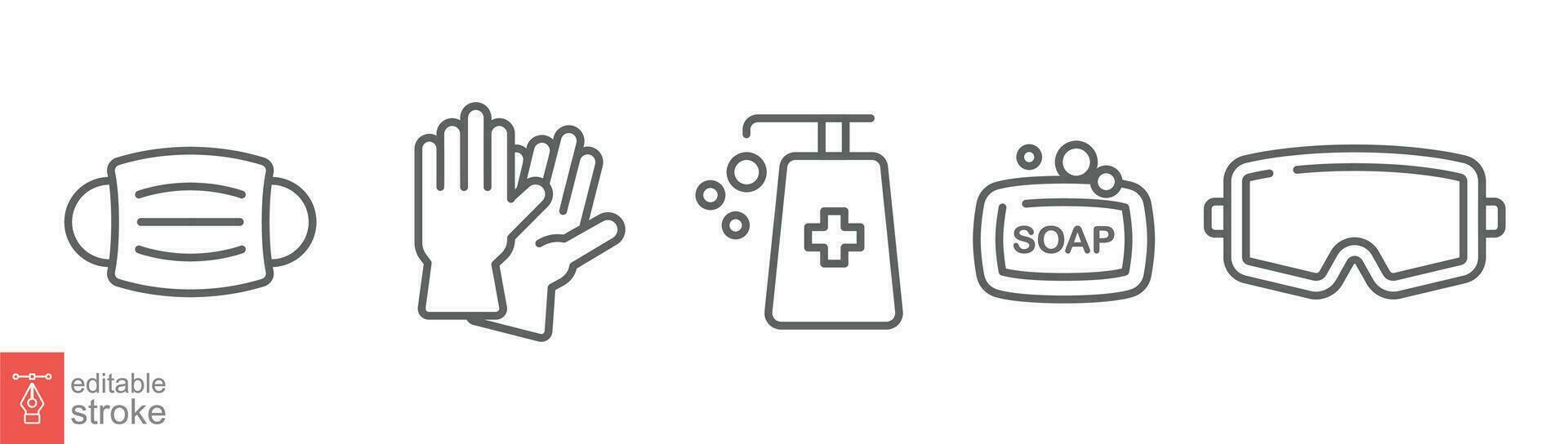 Personal protection equipment icons. Medical mask, latex gloves, soap, dispenser, protective glasses, covid 19 prevention. Outline symbols isolated. Vector illustration. Editable stroke EPS 10