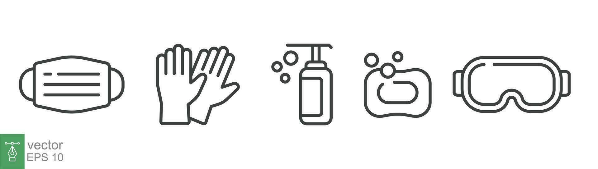 Personal protection equipment icons. Medical mask, latex gloves, soap, dispenser, protective glasses, Coronavirus, covid 19 prevention items. Line, outline symbols isolated. Vector illustration EPS 10