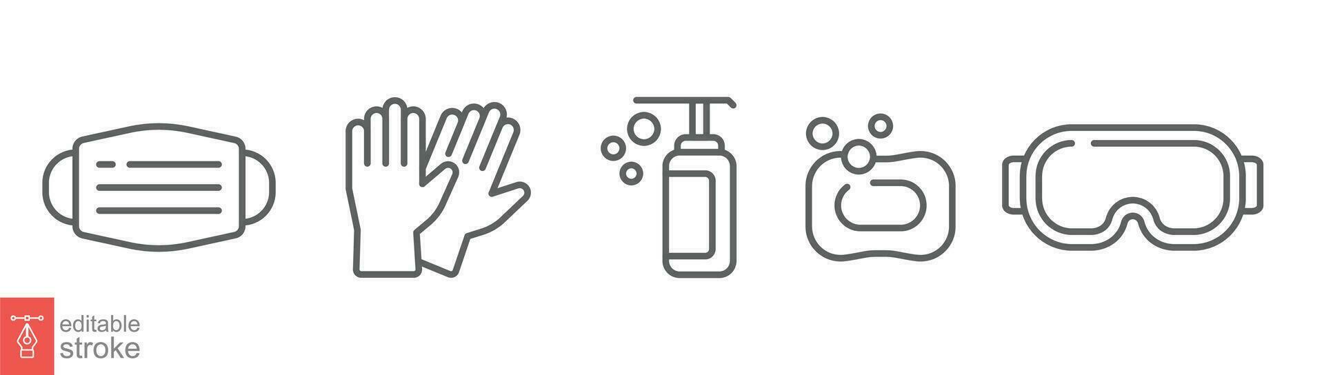 Personal protection equipment icons. Medical mask, latex gloves, soap, dispenser, protective glasses, covid 19 prevention. Outline symbols isolated. Vector illustration. Editable stroke EPS 10