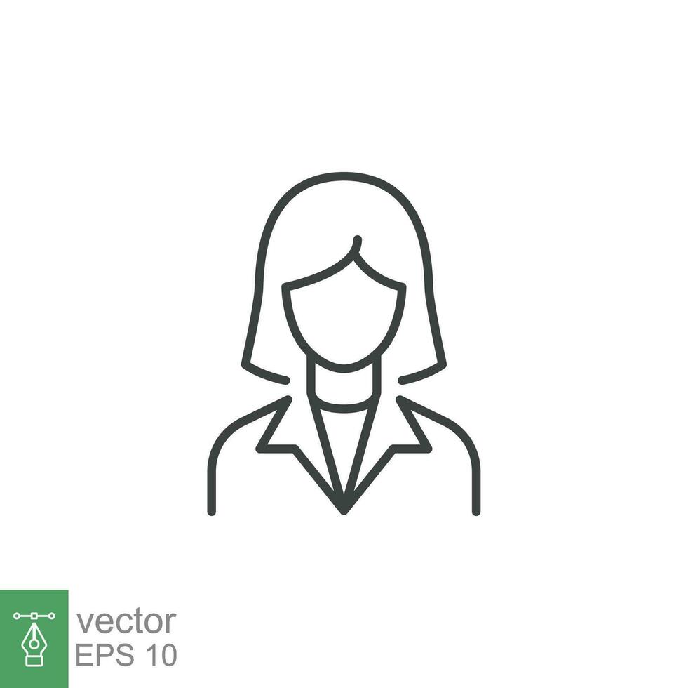 Business woman thin line icon. Female employee, businesswoman avatar, user symbol. Simple outline style linear stroke, manager, people, person silhouette, head pictogram. Vector design isolated EPS 10