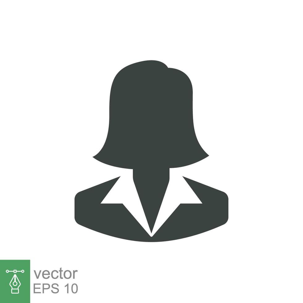 Business woman icon, vector avatar symbol. Female pictogram, girl, lady silhouette sign isolated on white background. Face, head, profile, user, worker, manager, businesswoman, office concept. EPS 10