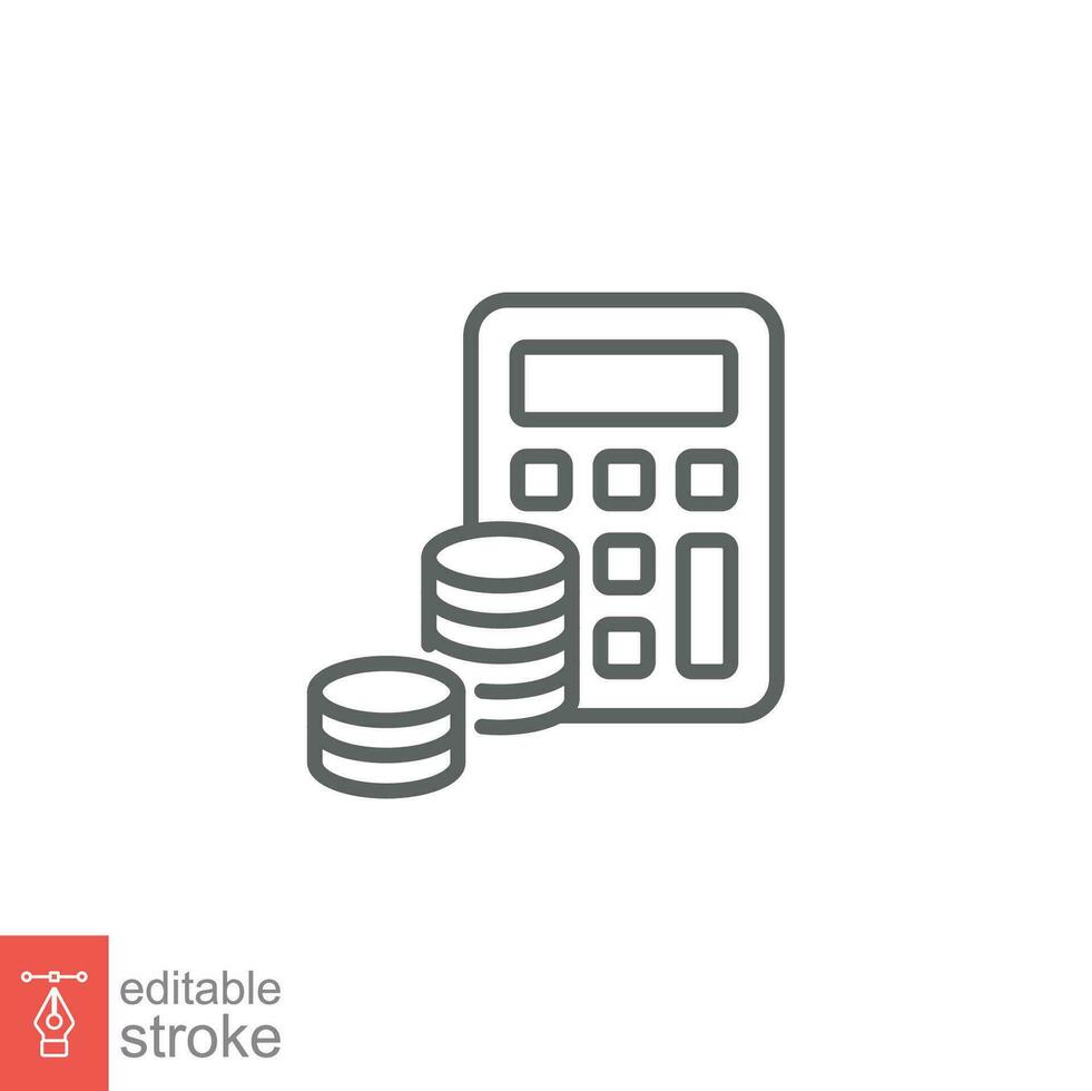 Budget icon. Simple outline style. Money flow account with calculator. Business concept. Vector design illustration isolated. Editable stroke EPS 10.