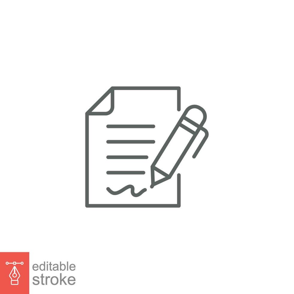 Pen signing contract icon. Simple outline style. Signature, paper, thin line symbol isolated on white background for graphic and web design. Editable stroke EPS 10. vector