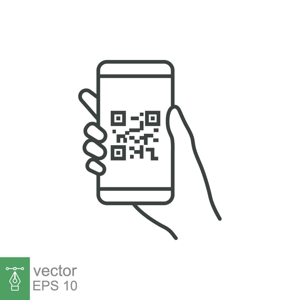 QR code scanning in smartphone screen. Hand holding Mobile phone. Simple line icon style, barcode scanner for pay, web, mobile app. Vector illustration isolated. EPS 10.