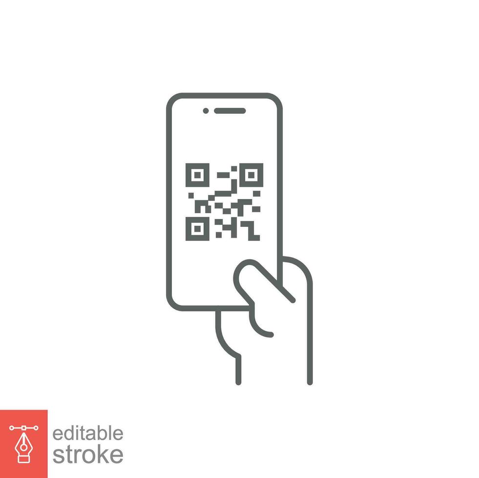 QR code scanning in smartphone screen. Hand holding Mobile phone. Simple line icon style, barcode scanner for pay, web, mobile app. Vector illustration isolated. Editable stroke EPS 10.