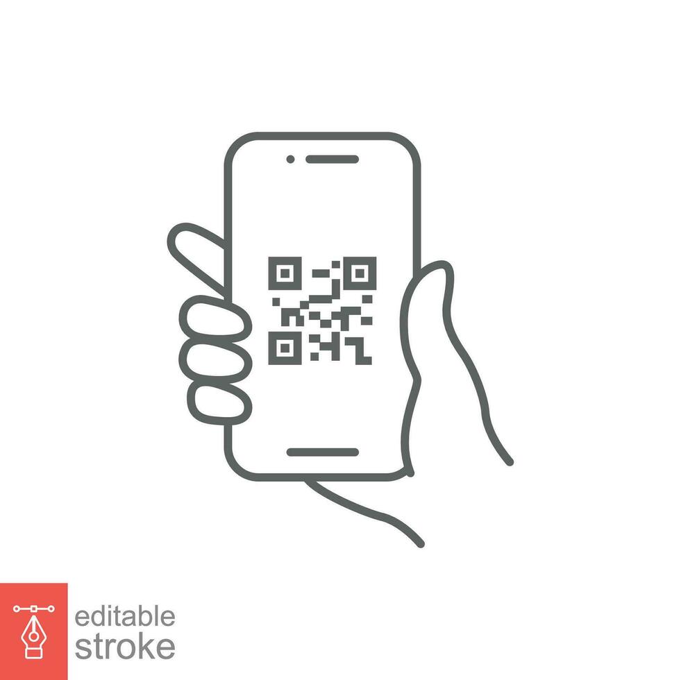 QR code scanning in smartphone screen. Hand holding Mobile phone. Simple line icon style, barcode scanner for pay, web, mobile app. Vector illustration isolated. Editable stroke EPS 10.