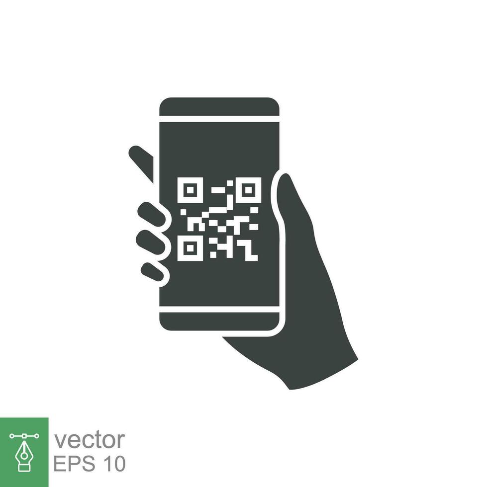QR code scanning in smartphone screen. Hand holding Mobile phone. Simple solid icon style, barcode scanner for pay, web, mobile app. Vector illustration isolated. EPS 10.