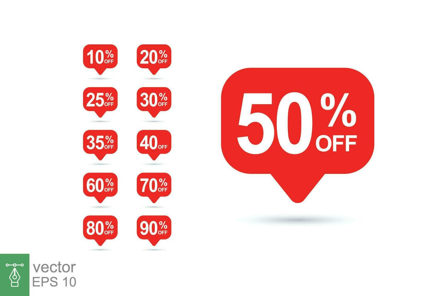 Sale tag speech bubble red shape with different discount set. 10, 20, 25, 30, 35, 40, 50, 60, 70, 80 and 90 percent price clearance sticker badge banner label vector illustration isolated. EPS 10.