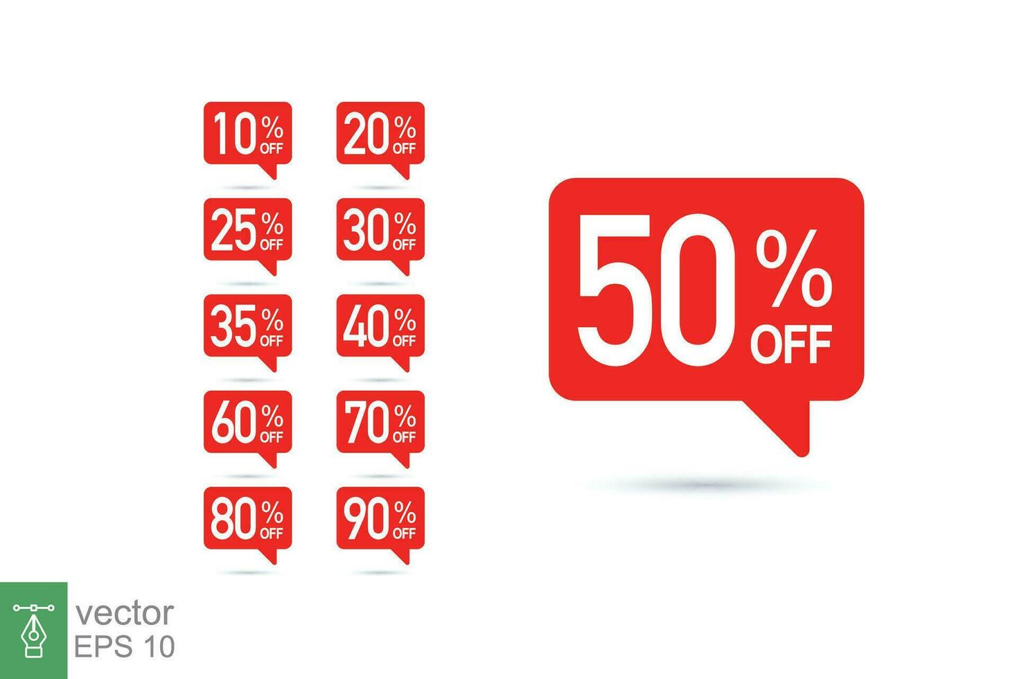 Sale tag speech bubble red shape with different discount set. 10, 20, 25, 30, 35, 40, 50, 60, 70, 80 and 90 percent price clearance sticker badge banner label vector illustration isolated. EPS 10.