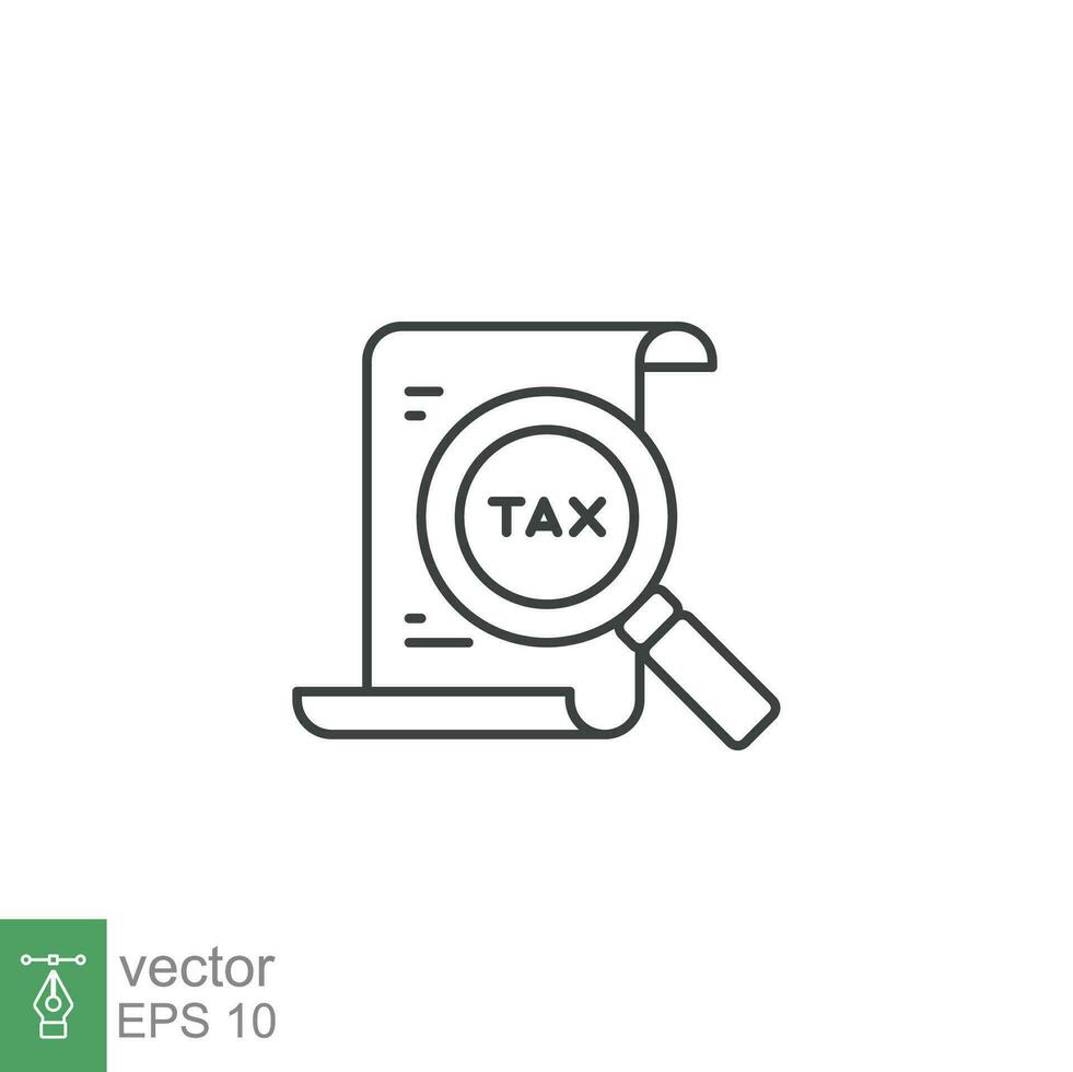 Tax identification icon. Simple outline style. Document with magnifying glass, file analysis concept. Vector illustration design isolated. EPS 10.