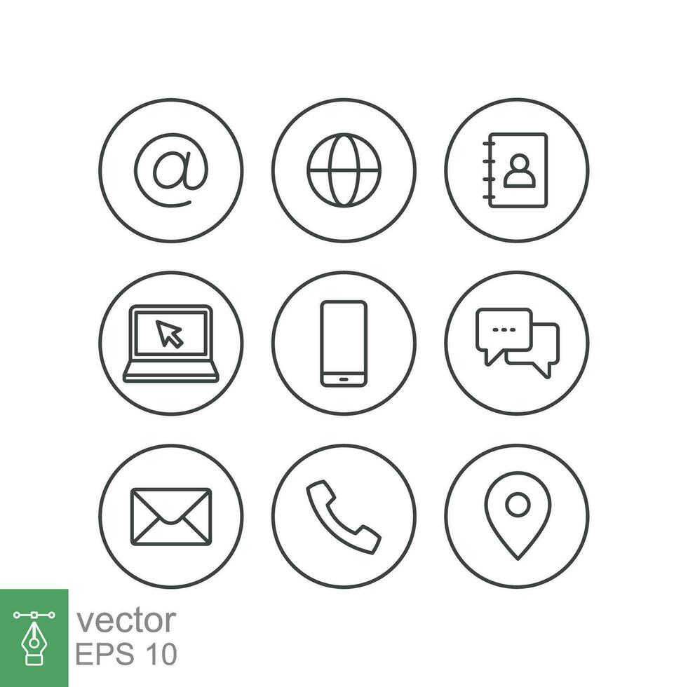 Contact us icons set. Simple outline style symbol. Email, phone, web, address, internet, call, message, business communication concept. Vector illustration design isolated on white background. EPS 10.