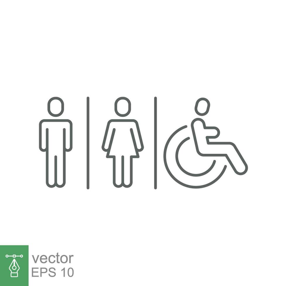 Male, female, handicap toilet sign icon. WC, unisex bathroom concept. Vector illustration isolated on white background. EPS 10.