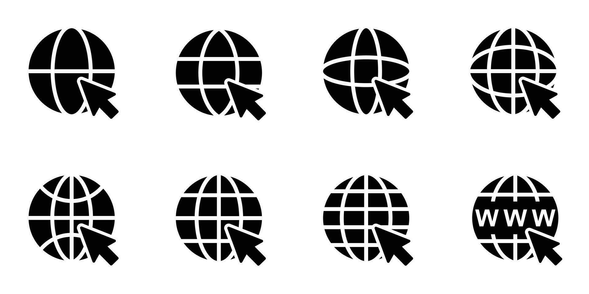 Go to web icon set. Globe with cursor. Site, internet click concept. Vector illustration isolated on white background. EPS 10.