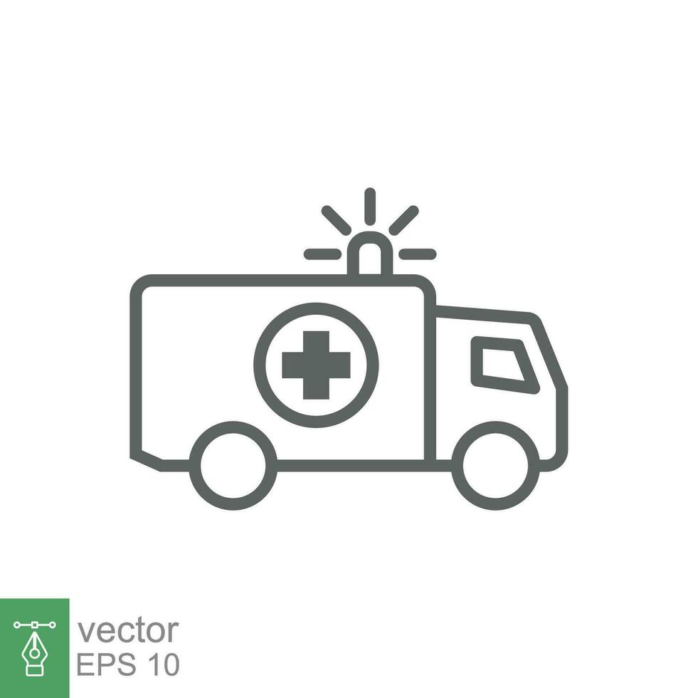 Ambulance icon, outline emergency car, medicine van, care medic support, thin line web symbol on white background. Vector illustration EPS 10.