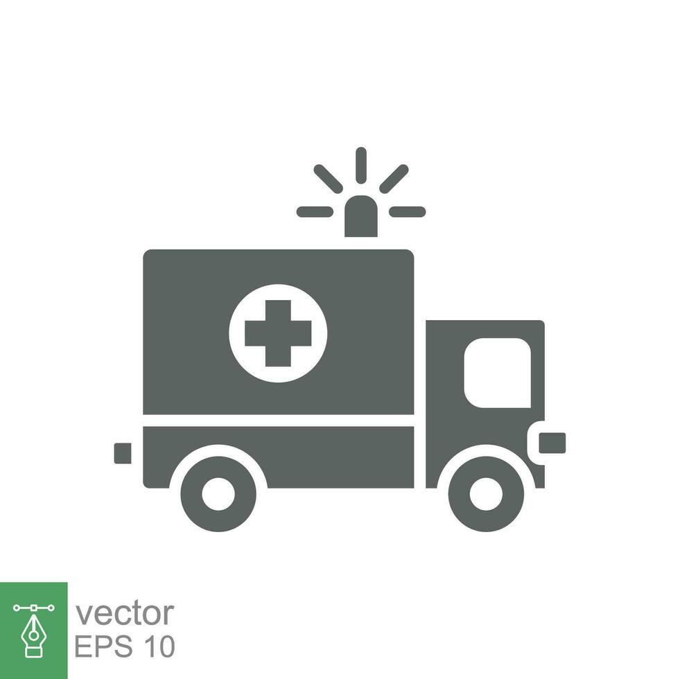 ambulancia icono, glifo emergencia auto, medicina camioneta, cuidado médico apoyo, sólido estilo web símbolo en blanco antecedentes. vector ilustración eps 10