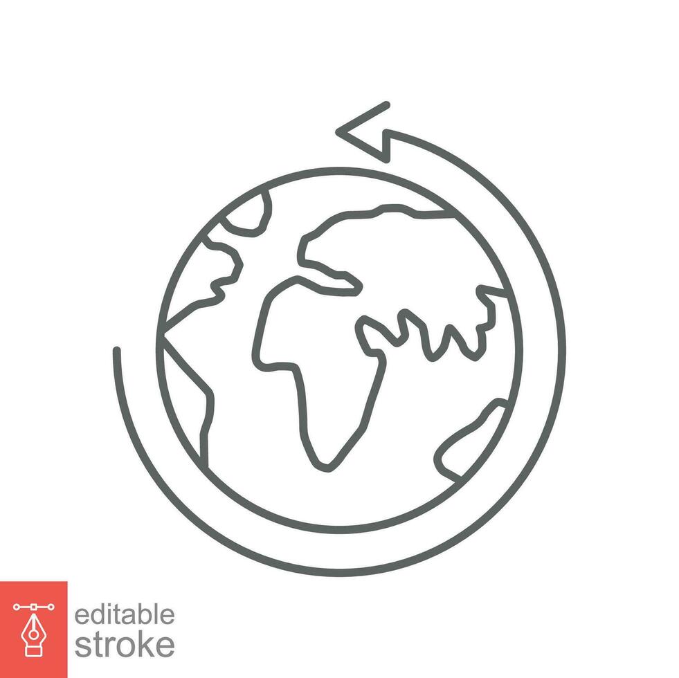 Earth globe icon. Simple outline style. Around planet with arrow. Thin line symbol. Vector illustration isolated on white background. Editable stroke EPS 10.