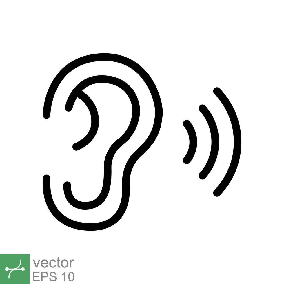 Ear listen icon. Simple outline style. Hear sound, noise, waves, deaf, human sense concept. Thin line symbol vector illustration design isolated on white background. EPS 10.