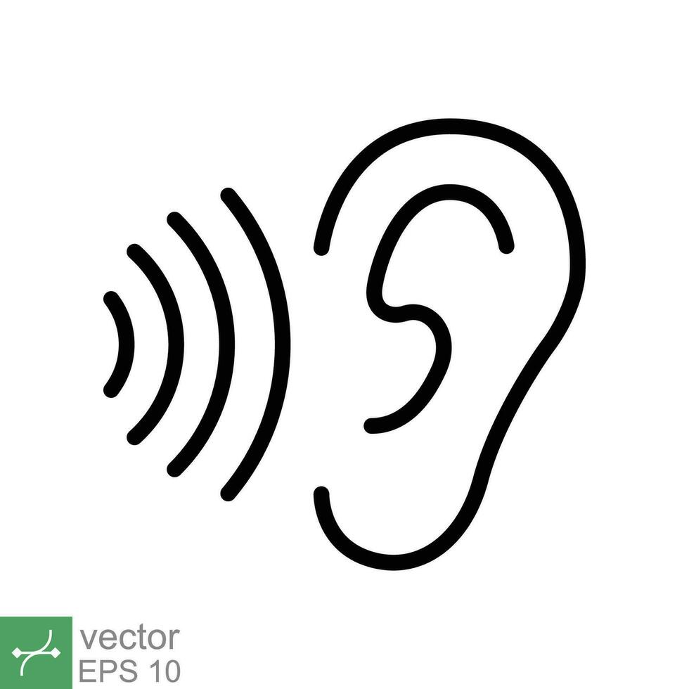 Ear listen icon. Simple outline style. Hear sound, noise, waves, deaf, human sense concept. Thin line symbol vector illustration design isolated on white background. EPS 10.