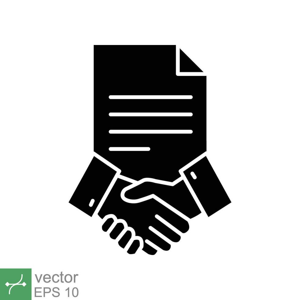 Business contract icon. Simple solid style. Handshake, partners, document, agreement, partnership, business concept. Glyph vector illustration isolated on white background. EPS 10.