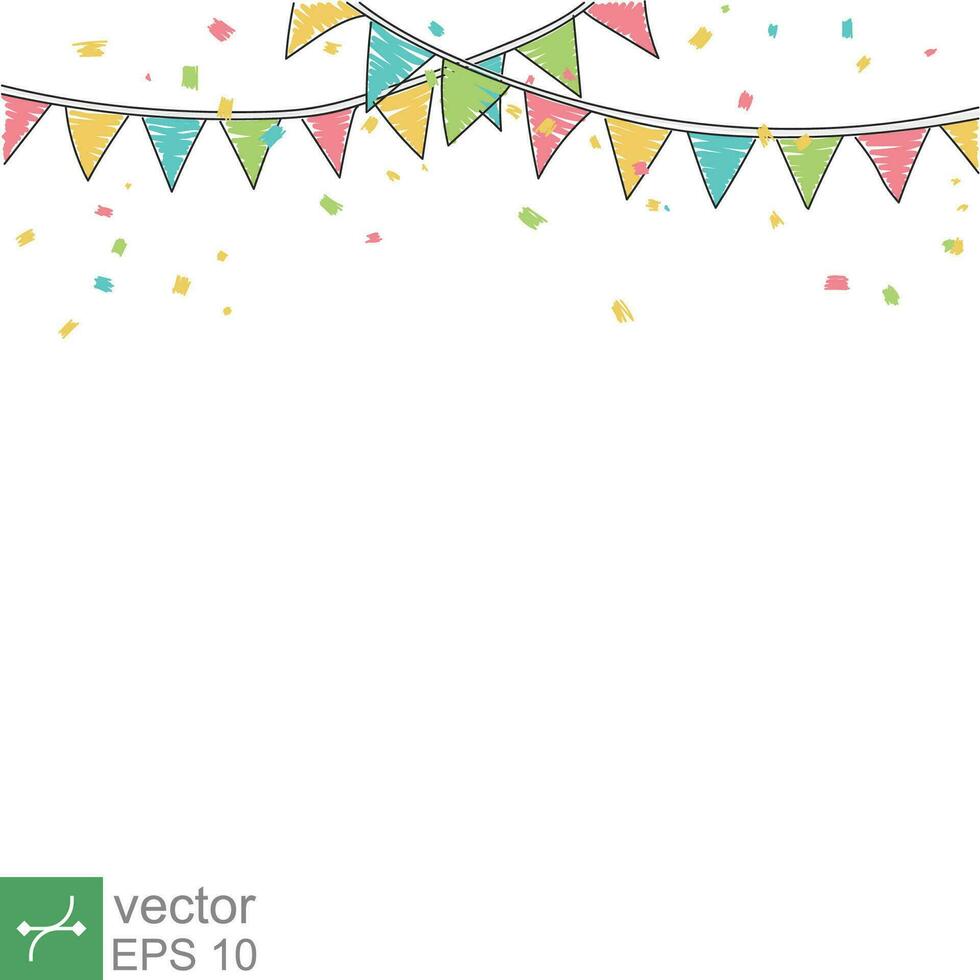 Colorful party flags and confetti on white background. Hand drawn style. Celebration and party. Surprise banner. Vector Illustration isolated. EPS 10.