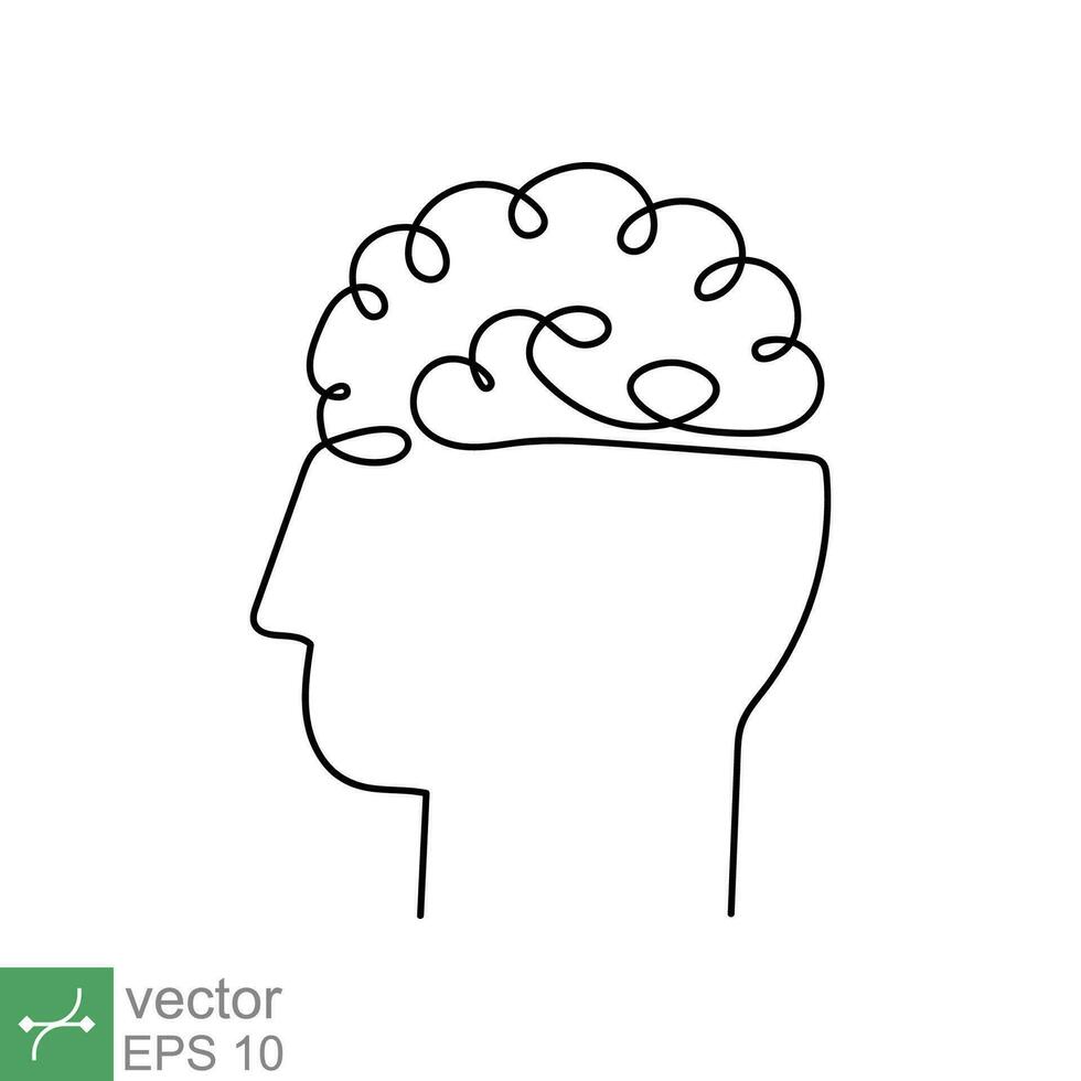 Continuous line art and one line drawing of a human head with brain. Linear outline stroke, mechanical and robotic technology with advanced. Vector illustration isolated on white background. EPS 10.
